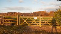 farmland countryside path trail track farm fence sign private road wood