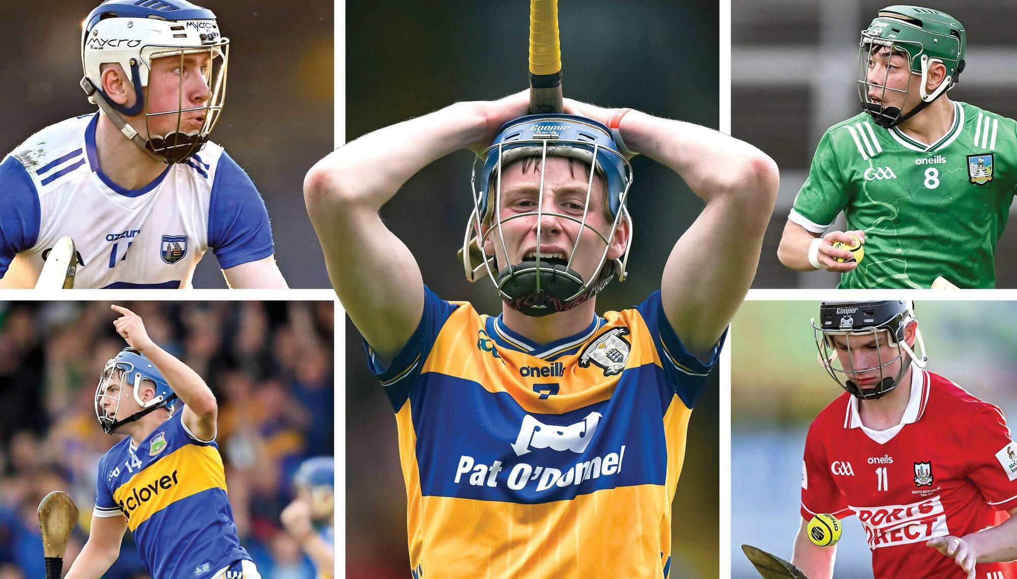 DIFFERENT CLASS: Harty Cup young guns including (centre) St Flannan's Colm Daly and (clockwise from top left) Jack Power (DLS Waterford), Xavier Neligan (Ardscoil Rís), Cormac Deane (Midleton CBS) and Chris Dunne (Thurles CBS)