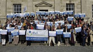<p>Irish Federation of University Teachers members from Trinity College Dublin prepare for industrial action. Picture: Tommy Clancy.</p>