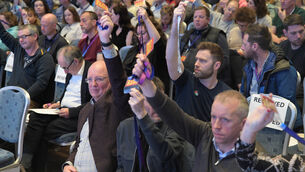 <p> Teachers voting at the Irish National Teachers' Organisation annual congress in Galway last April. Among the 400,000 public sector workers striking are approximately 93,000 teachers working in primary, post-primary and further education. File photo: Moya Nolan</p>