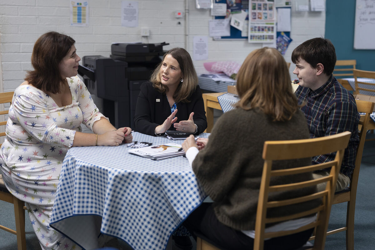 ASTI general secretary Linda Kelly speaking with teachers at her alma mater, St Aloysius College, Carrigtwohill, Co Cork, last week. Picture: Clare Keogh