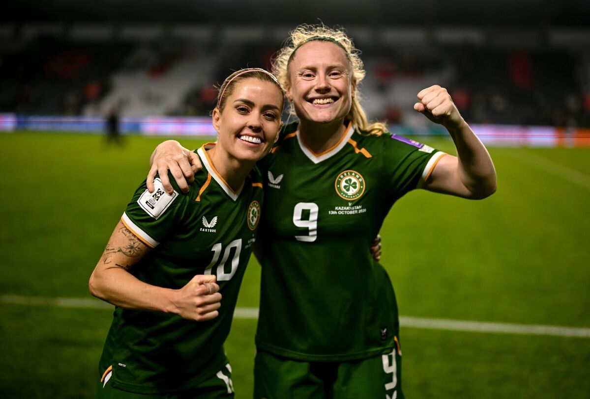 Denise O’Sullivan, left, and Amber Barrett of Republic of Ireland celebrate after the final whistle. Pic: Stephen McCarthy/Sportsfile Denise O’Sullivan, left, and Amber Barrett of Republic of Ireland celebrate after the final whistle. Pic: Stephen McCarthy/Sportsfile