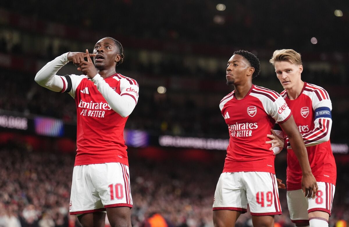 Eberechi Eze (left) breaks out his trademark celebration after scoring Arsenal's second on the night. Pic: John Walton/Press Association