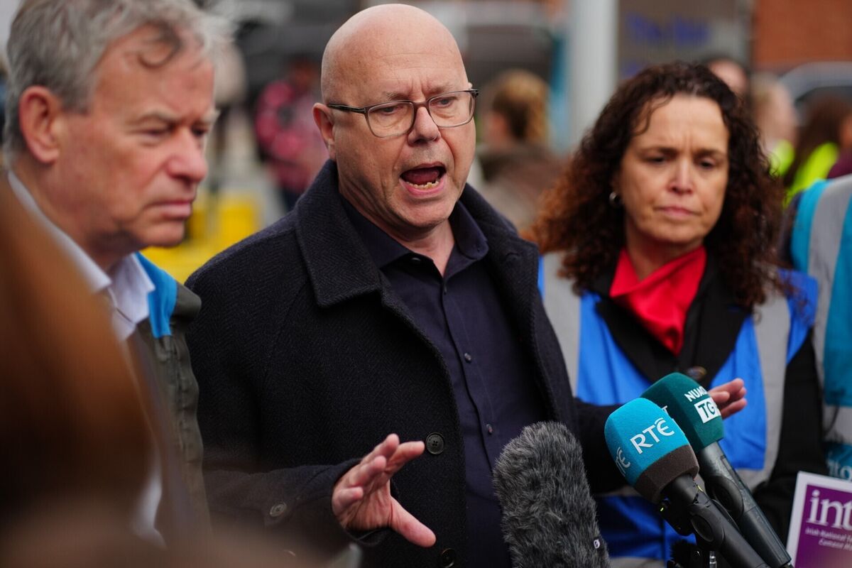 (left to right) Deputy General Secretary of SIPTU Adrian Kane, Kevin Callinan Forsa's Senior General Secretary and INMO General Secretary Phil Ni Sheaghdha speak to the media during a public sector workers 24-hour strike over delays in agreeing a new public sector pay deal at Mater Hospital, Dublin. Picture: Brian Lawless/the Press Association (left to right) Deputy General Secretary of SIPTU Adrian Kane, Kevin Callinan Forsa's Senior General Secretary and INMO General Secretary Phil Ni Sheaghdha speak to the media during a public sector workers 24-hour strike over delays in agreeing a new public sector pay deal at Mater Hospital, Dublin. Picture: Brian Lawless/the Press Association