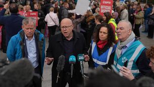 <p>(Left to right) Adrian Kane, SIPTU deputy general secretary; Kevin Callinan, Fórsa general secretary; Phil Ní Sheaghdha, INMO general secretary; and John Boyle, Irish National Teachers' Organisation general secretary, speak to the media during a 24-hour public sector strike over delays in agreeing a new pay deal outside the Mater Hospital in Dublin. Picture: Brian Lawless/the Press Association</p> <p>(Left to right) Adrian Kane, SIPTU deputy general secretary; Kevin Callinan, Fórsa general secretary; Phil Ní Sheaghdha, INMO general secretary; and John Boyle, Irish National Teachers' Organisation general secretary, speak to the media during a 24-hour public sector strike over delays in agreeing a new pay deal outside the Mater Hospital in Dublin. Picture: Brian Lawless/the Press Association</p>