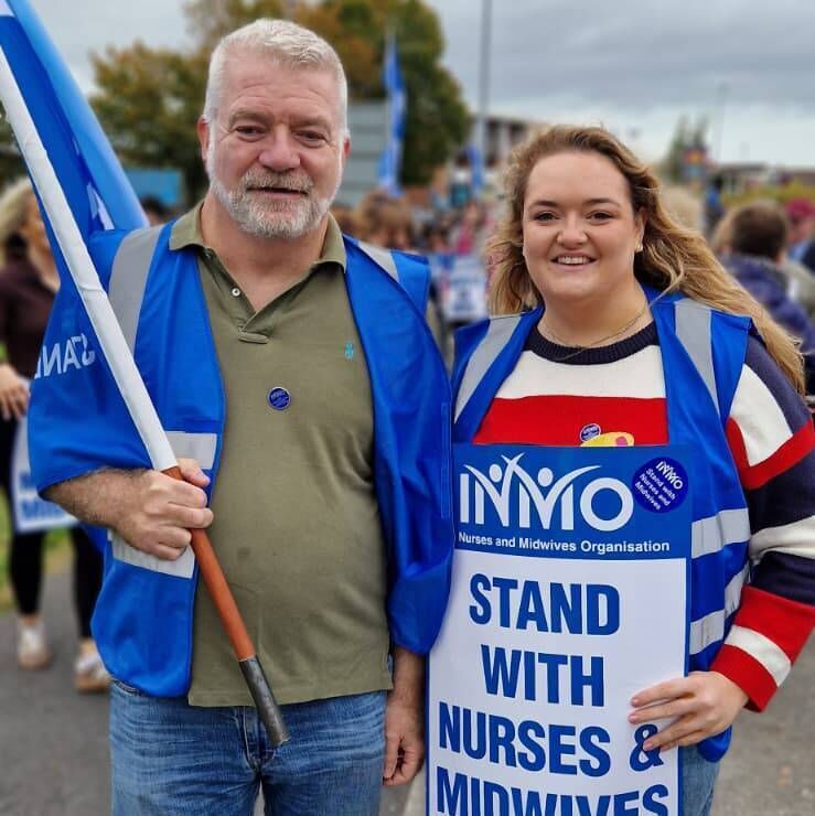 Gary Savage, an Irish Nurses and Midwives Organisation representative and clinical nurse manager in intensive care, and Elaine Walsh, an INMO representative and staff theatre nurse, taking part in the nationwide public sector strike. Pictures: Niamh Griffin Gary Savage, an Irish Nurses and Midwives Organisation representative and clinical nurse manager in intensive care, and Elaine Walsh, an INMO representative and staff theatre nurse, taking part in the nationwide public sector strike. Pictures: Niamh Griffin