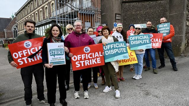 <p>Irish Examiner columnist Jennifer Horgan (second left) and colleagues from the ASTI, TUI and Fórsa unions on the picket line outside Cork Educate Together Secondary School, currently based at Griffith College Cork, during Wednesday's nationwide public sector strike. Picture: Larry Cummins</p>