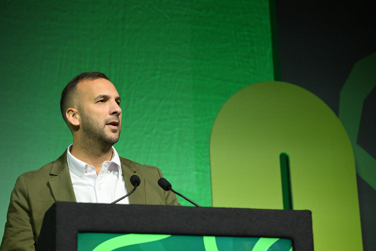 Green Party leader Zack Polanski delivers his speech at its autumn conference in Brighton earlier this month where members voted to define Zionism as racism. The motion passed by 1,022 votes to 813. 