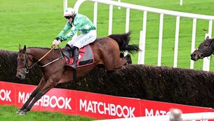 <p>Chanceawetmorning and Jack Kennedy win the Matchbook Betting Exchange Novice Steeplechase (Grade 3) at Punchestown. Pic: Healy Racing </p>