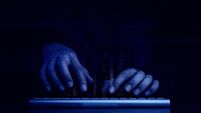 Cyberattack and internet crime, hacking and malware concepts. Digital binary code data numbers and secure lock icons on hacker'
