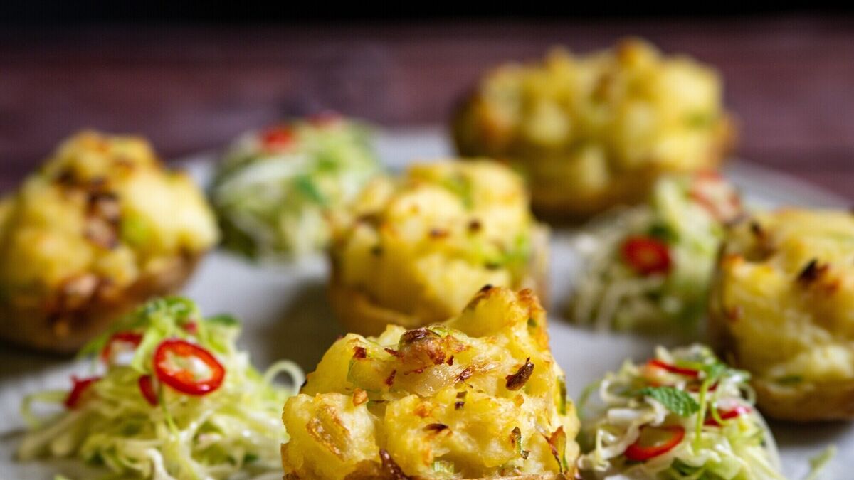Salt Fish Baked Potatoes with Cabbage & Chilli Slaw