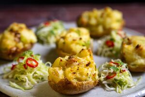 Salt Fish Baked Potatoes with Cabbage & Chilli Slaw
