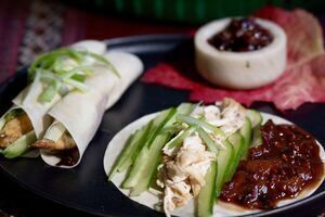 Spiced Sticky Chicken, Plums and Pancakes