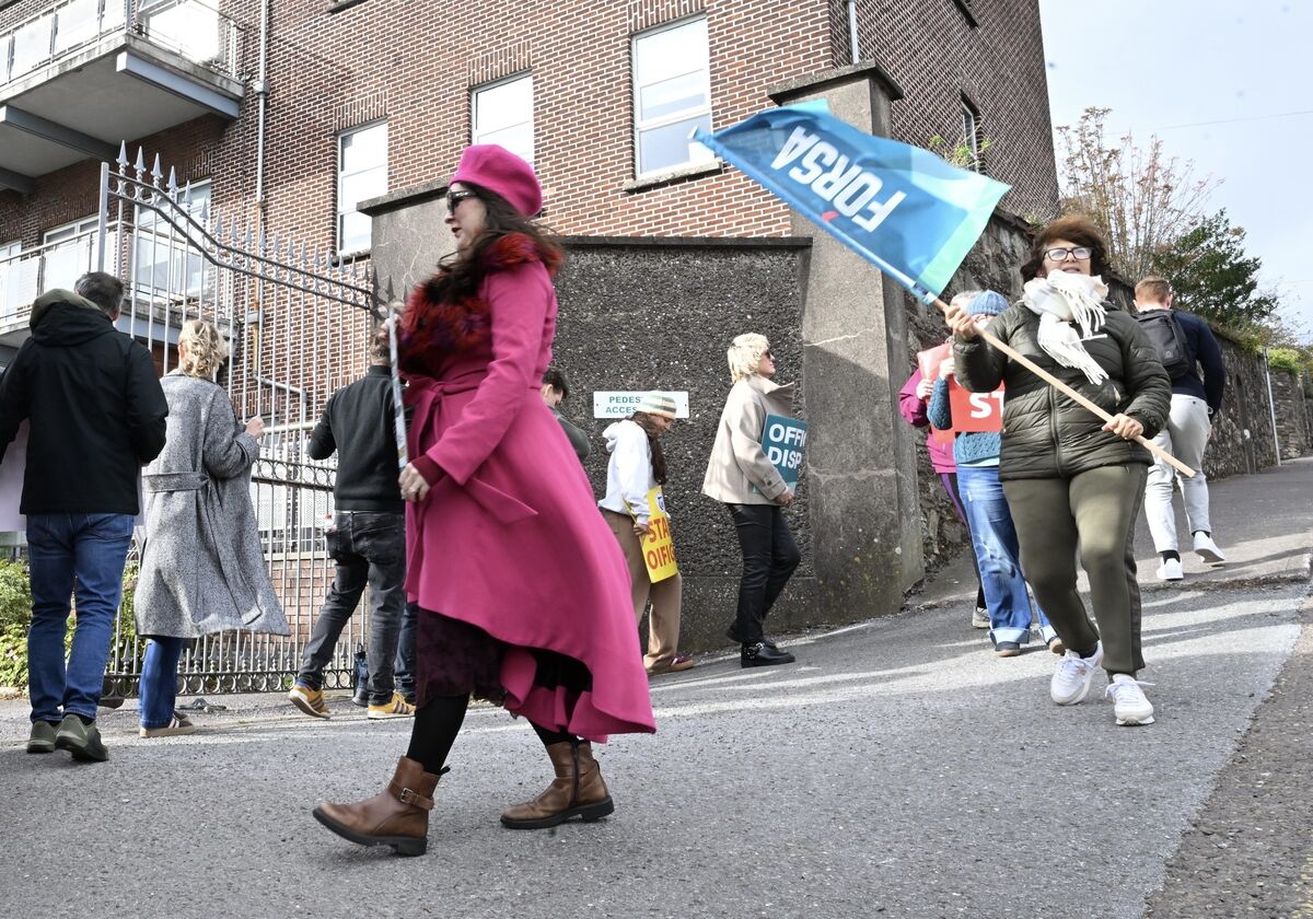  Members from ASTI, TUI, and Fórsa unions on the picket at Cork Educate Together Secondary School ( temporarily based at Griffith College, Cork) during the national strike by public sector workers on Wednesday. Picture: Larry Cummins