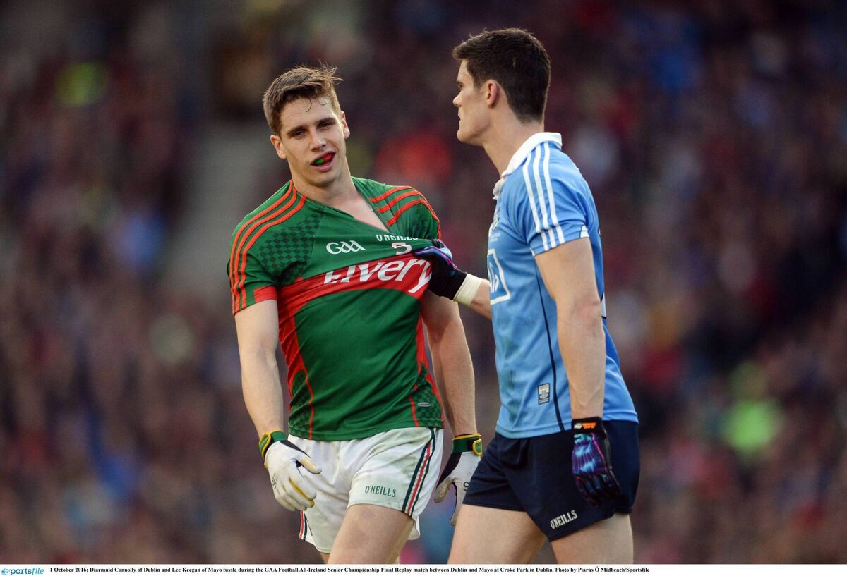 Diarmuid Connolly of Dublin and Lee Keegan of Mayo tussle during the 2016 All-Ireland SFC final replay. Pic: Piaras Ó Mídheach/Sportsfile Diarmuid Connolly of Dublin and Lee Keegan of Mayo tussle during the 2016 All-Ireland SFC final replay. Pic: Piaras Ó Mídheach/Sportsfile