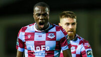 Inpho Dare Kareem celebrates scoring his sides first goal wth Owen Lambe 22/9/2025
