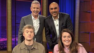 <p>Late Late Show host Patrick Kielty was joined in studio by comedians Kyla Cobler and James Acaster, as well as former rugby star Simon Zebo who remembered Anthony Foley. Picture: RTE.</p>