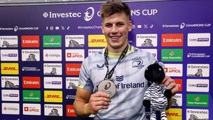 <p>Leinster's Sam Prendergast is awarded with the Investec Player of the Match award Pic: ©INPHO/Ben Brady</p>