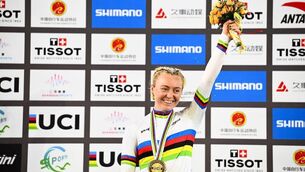 <p>Lara Gillespie after taking top spot in the Points race at the UCI Track Cycling World Championships in Shanghai, China. Image: SW Pix </p>
