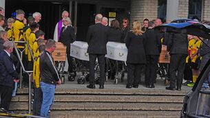 <p>Four coffins of Philip and Kim English and their sons, Jayden and Callum, are carried into Sacred Heart Church Parish Centre, The Folly, Waterford, ahead of their funeral on Monday, after they died in an arson attack on their home in Waterford. Picture: Sunday October 18, Brian Lawless/PA</p> <p>Four coffins of Philip and Kim English and their sons, Jayden and Callum, are carried into Sacred Heart Church Parish Centre, The Folly, Waterford, ahead of their funeral on Monday, after they died in an arson attack on their home in Waterford. Picture: Sunday October 18, Brian Lawless/PA</p>