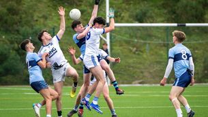 <p>BRIGHT START: Clonakilty’s Eanna Deiseach and St Flannan's College’s Liam Keane in the air: Pic: Chani Anderson</p> <p>BRIGHT START: Clonakilty’s Eanna Deiseach and St Flannan's College’s Liam Keane in the air: Pic: Chani Anderson</p>