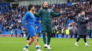 <p>Brighton and Hove Albion manager Fabian Hurzeler celebrates after the Premier League match at the American Express Stadium, Brighton and Hove.</p>
