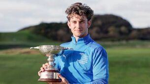 <p>Patrick Curran celebrates winning the 2025 Irish Intervarsity Championship at Kirkistown Castle. Pic: Inpho/Laszlo Geczo</p>