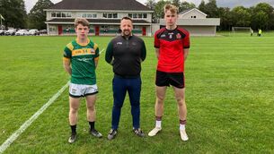 <p>St Brendan’s captain and sharp shooter Darragh Keane with referee Maurice Murphy and Colaiste An Spioraid Naoimh skipper Conor Enright ahead of their Frewen Cup quarter-final in Fossa</p>