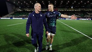 <p>GREEN MACHINES: Connacht's Head Coach Stuart Lancaster and Sean Jansen after Saturday's stunning win over Saracens in the opening round of the Champions Cup at Dexcom Stadium in Galway. Pic: James Crombie, Inpho</p>