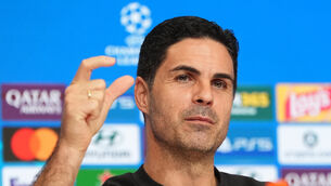 <p>Arsenal manager Mikel Arteta during a press conference at the Allianz Arena.</p>
