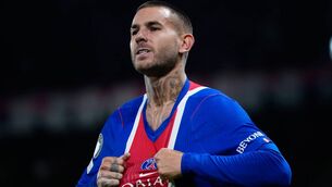 <p>PSG's Lucas Hernandez celebrates after scoring his side's second goal. (AP Photo/Teresa Suarez)</p>