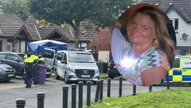 <p>A private ambulance at the scene at a house on Old Connaught Avenue in Bray, after the discovery of the bodies of a man in his 30s and a woman, Biddy O'Brien (inset) who was in her 40s. Picture: PA</p>