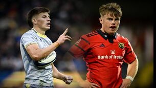 <p>Leinster's Sam Prengergast (left) and Munster's Charlie O'Shea (right).</p> <p>Leinster's Sam Prengergast (left) and Munster's Charlie O'Shea (right).</p>