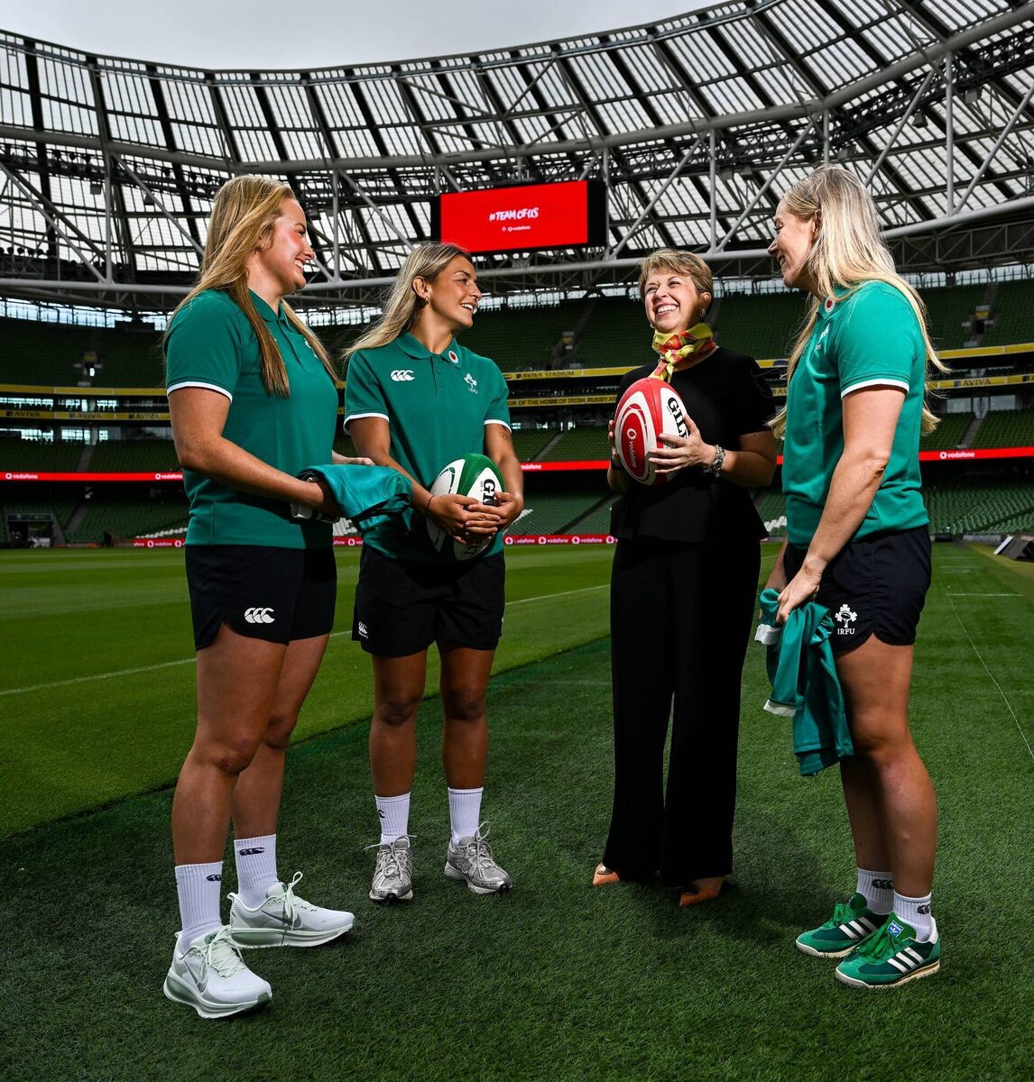 Chief executive of Vodafone Ireland, Sabrina Casalta, alongside Fiona Tuite, Erin King and Stacey Flood during the Vodafone sponsorship announcement for the Irish Women’s Rugby Team at the Aviva Stadium in Dublin. Chief executive of Vodafone Ireland, Sabrina Casalta, alongside Fiona Tuite, Erin King and Stacey Flood during the Vodafone sponsorship announcement for the Irish Women’s Rugby Team at the Aviva Stadium in Dublin.
