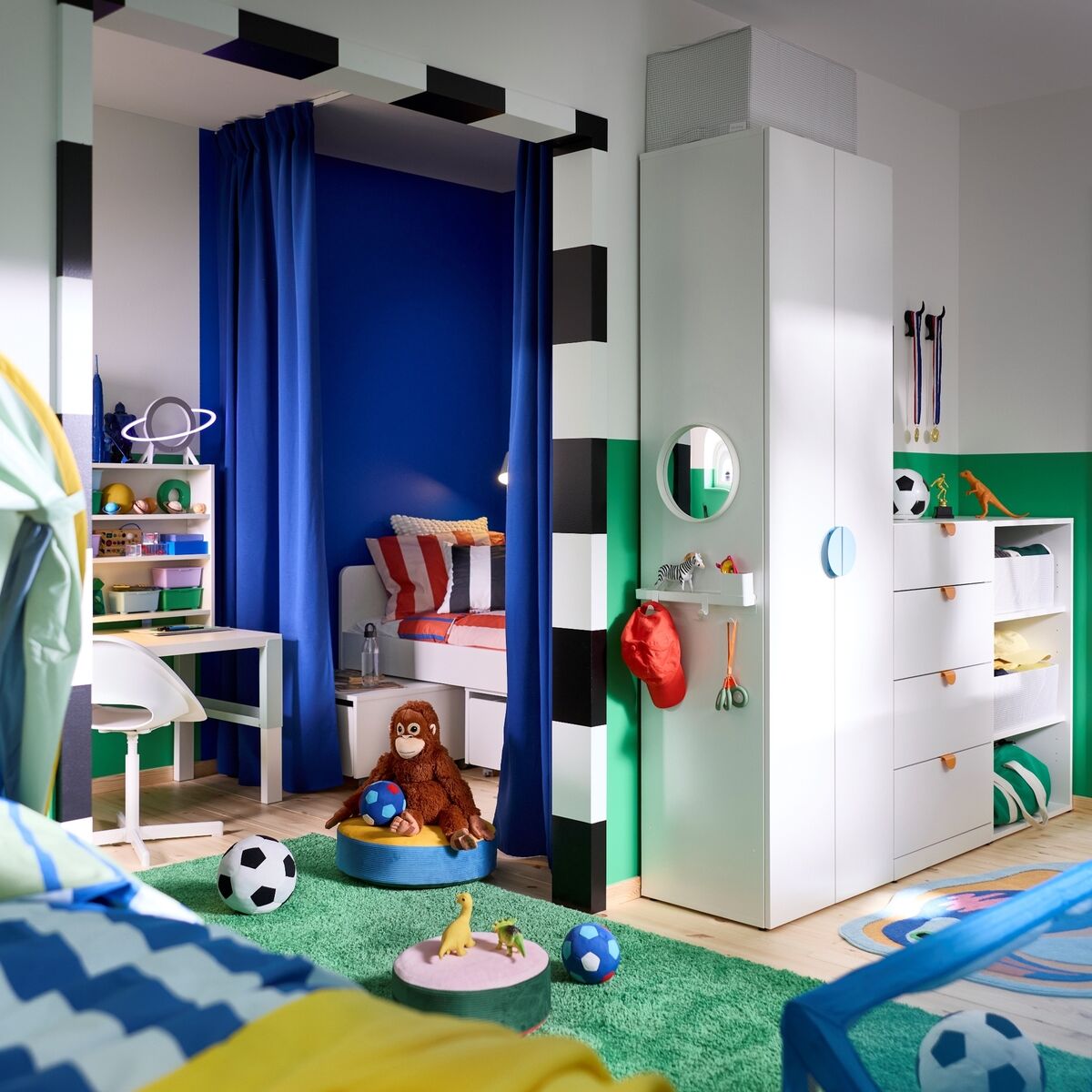 This two-bedded room styled by Ikea is a brilliant demonstration of what a new stud wall, a curtain, and ergonomic furnishings can do. Smastad Platsa storage combination in white, 180cm x 57cm x 181cm, €443 ikea.com/ie.