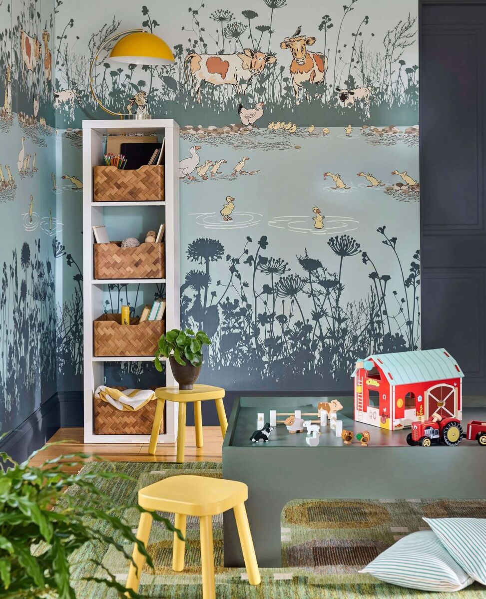 Matched to a table low enough to scoot over to on your knees, a panel of Riverside Capers wallpaper by Little Greene from artwork by 19th century illustrator Cecil Aldin. Available in Quack, Cluck and Moo. From €268, various suppliers. When using high storage pieces, always firmly secure the case to the wall.