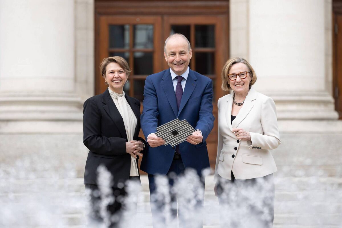 Vodafone Ireland chief executive Sabrina Casalta, Taoiseach Micheál Martin and Margherita Della Valle, chief executive of Vodafone Group, announce the successful completion of Ireland’s first mobile video phone call via satellite using a standard smartphone, as Vodafone celebrates 25 years in Ireland. Vodafone Ireland chief executive Sabrina Casalta, Taoiseach Micheál Martin and Margherita Della Valle, chief executive of Vodafone Group, announce the successful completion of Ireland’s first mobile video phone call via satellite using a standard smartphone, as Vodafone celebrates 25 years in Ireland.