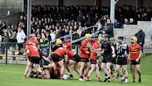 <p> An early flash point between the teams resulted in six yellow cards from the referee at Castlelyons. Picture: Larry Cummins</p>