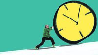 Woman pushing large hand drawn illustrated clock uphill symbolizing time struggle and effort to keep up