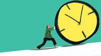 Woman pushing large hand drawn illustrated clock uphill symbolizing time struggle and effort to keep up