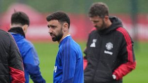 <p>Manchester United's Bruno Fernandes during a training session at Carrington Training Centre. Pic: Martin Rickett/Press Association</p>