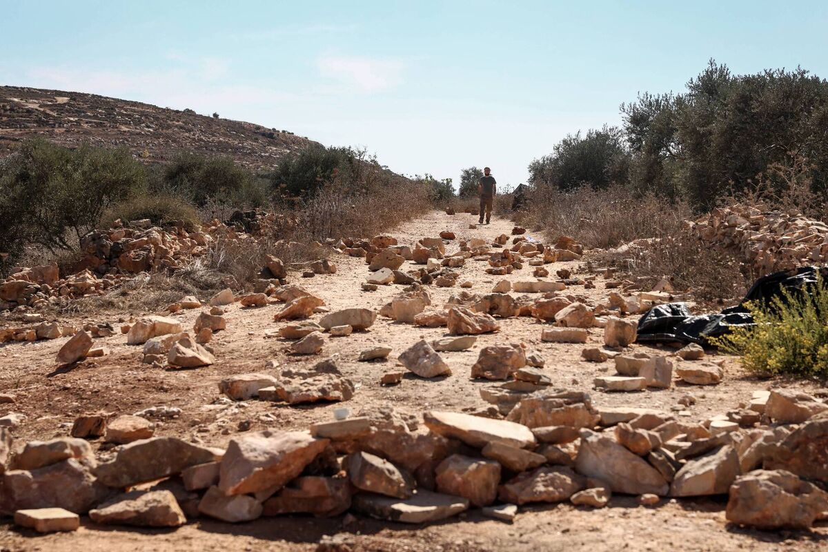A road is blocked with stones to prevent Israeli settlers from accessing the area as Palestinian farmers harvest olives in Turmus Ayya, northeast of Ramallah, in the Israeli-occupied West Bank. Picture: Zain Jaafar / AFP via Getty Images A road is blocked with stones to prevent Israeli settlers from accessing the area as Palestinian farmers harvest olives in Turmus Ayya, northeast of Ramallah, in the Israeli-occupied West Bank. Picture: Zain Jaafar / AFP via Getty Images