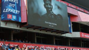 <p>A minute of silence is observed in memory of Lion's player Hyron Diego Andrews before the Champions Cup group A match between the Bulls and Stade Francais at the Loftus Versfeld Stadium in Pretoria. Pic: Phil Magakoe/Getty</p>