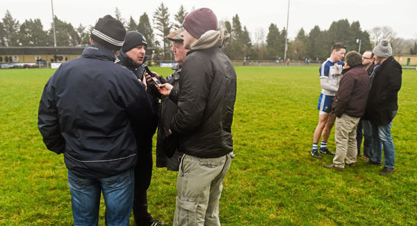 Monaghan manager Malachy O'Rourke and Conor McManus are interviewed by members of the media after the game against Roscommon.