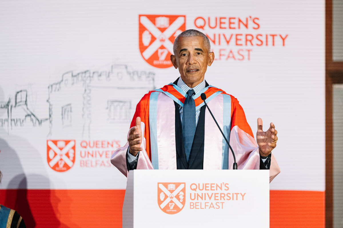 Former US president Barack Obama speaking at Queens University Belfast.