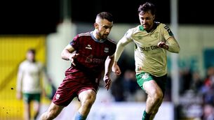 <p>Aaron Bolger of Galway United in action against Jason McClelland of St Patrick's Athletic. Pic: Thomas Flinkow/Sportsfile</p> <p>Aaron Bolger of Galway United in action against Jason McClelland of St Patrick's Athletic. Pic: Thomas Flinkow/Sportsfile</p>