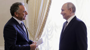 <p>U.S. President Donald Trump's special envoy Steve Witkoff, left, holds a paper while speaking to Russian President Vladimir Putin at the Konstantin Palace in Strelnya, outside St. Petersburg, Russia, on Wednesday, Oct. 21, 2026. (Gavriil Grigorov, Sputnik, Kremlin Pool Photo via AP)</p> <p>U.S. President Donald Trump's special envoy Steve Witkoff, left, holds a paper while speaking to Russian President Vladimir Putin at the Konstantin Palace in Strelnya, outside St. Petersburg, Russia, on Wednesday, Oct. 21, 2026. (Gavriil Grigorov, Sputnik, Kremlin Pool Photo via AP)</p>