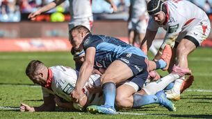 <p>Stuart McCloskey of Ulster scores his sides 4th try of the match. Pic: ©INPHO/Steve Haag Sports/Christiaan Kotze.</p>