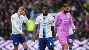 <p>ROUGH SHIFT: Manchester City's Erling Haaland, Marc Guehi and goalkeeper Gianluigi Donnarumma during the Premier League match at Villa Park, Birmingham. Pic: Martin Rickett/Press Association.</p>