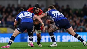 <p>HARD CONTACT: Munster's Gavin Coombes comes up against Leinster's Robbie Henshaw and Andrew Porter during the BKT United Rugby Championship clash between Leinster vs Munster. Pic: INPHO/Ben Brady</p> <p>HARD CONTACT: Munster's Gavin Coombes comes up against Leinster's Robbie Henshaw and Andrew Porter during the BKT United Rugby Championship clash between Leinster vs Munster. Pic: INPHO/Ben Brady</p>